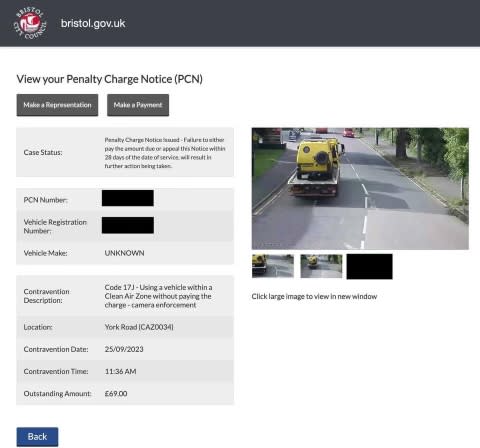 The Penalty Charge Notice sent to the owner of a yellow van being driven through Bristol city centre on the back of a recovery truck. (SWNS)