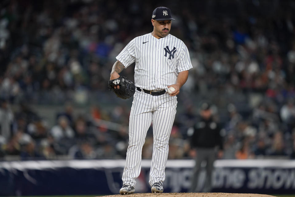 New York Yankees starting pitcher Nestor Cortes (65) reacts after pop up by Houston Astros Yuli Gurriel during the second inning of Game 4 of an American League Championship baseball series, Sunday, Oct. 23, 2022, in New York. (AP Photo/John Minchillo)