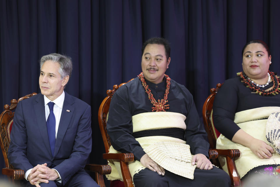 From left, U.S. Secretary of State Antony Blinken, Tonga's Crown Prince Tupouto'a 'Ulukalala and Crown Princess Sinaitakala attend the dedication of the new U.S. Embassy in Nuku'alofa, Tonga Wednesday, July 26, 2023. Blinken visited the tiny kingdom of Tonga on Wednesday, as the United States continues to increase its diplomatic efforts in the Pacific while China's influence in the region grows. (Tupou Vaipulu/Pool Photo via AP)
