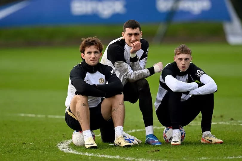 Ben Chilwell, Djordje Petrovic and Cole Palmer of Chelsea during a training session at Chelsea Training Ground on January 25, 2024 in Cobham, England.