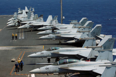 U.S. Navy F18 fighter jets are pictured on the deck of aircraft carrier USS Carl Vinson during a FONOPS (Freedom of Navigation Operation Patrol) in South China Sea, March 3, 2017. REUTERS/Erik De Castro