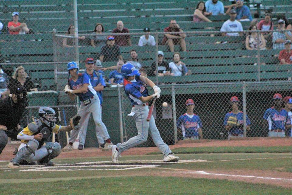 Jace Barger makes contact against Parker Lighting in the second game of the Aztecas doubleheader on Friday June 17, 2022 at the Tony Andenucio Tournament.