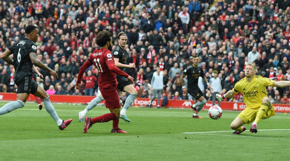 LIVERPOOL, ENGLAND - APRIL 09: ( THE SUN OUT,THE SUN ON SUNDAY OUT)  Mohamed Salah of Liverpool scores the first goal  during the Premier League match between Liverpool FC and Arsenal FC at Anfield on April 09, 2023 in Liverpool, England. (Photo by John Powell/Liverpool FC via Getty Images)