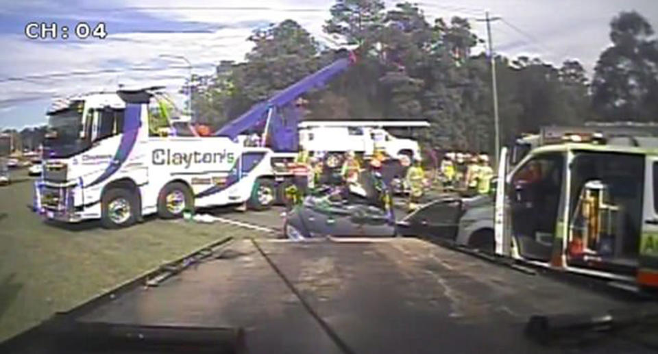 <span>Queensland Fire and Emergency Service used hydraulic equipment to free those trapped.</span> Source: Clayton’s Towing