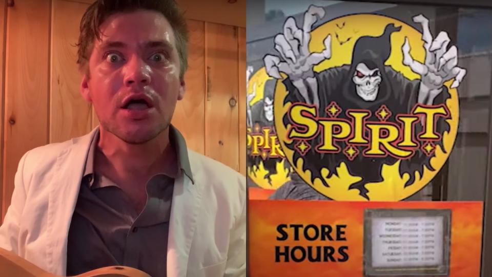 Nick Lutsko looks sweaty in white jacket next to a picture of a Spirit Halloween door