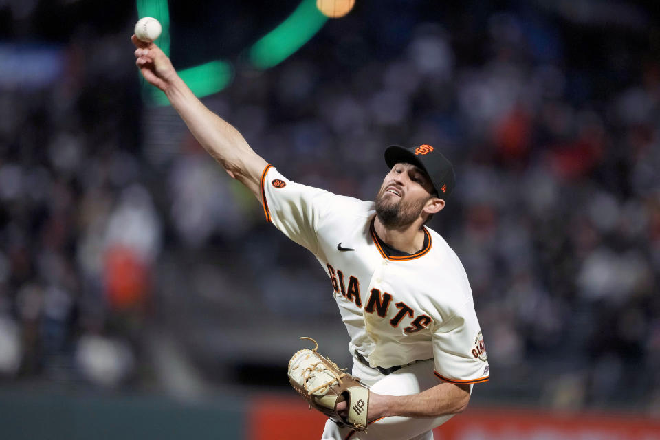 San Francisco Giants pitcher Tristan Beck throws against the New York Mets during the fifth inning of a baseball game in San Francisco, Thursday, April 20, 2023. Tiffany Fuentes and her family hosted San Jose Giants players from 2012 to 2019, including six future big leaguers — catchers Joey Bart and Trevor Brown, outfielder Adam Duvall, and pitchers Sam Coonrod, Trevor Brown and Tristan Beck. Beck made his big-league debut earlier this year and the Fuentes family was present in San Francisco. (AP Photo/Tony Avelar)