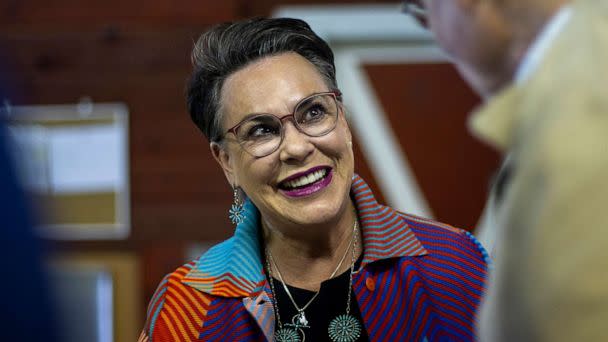 PHOTO: In this June 14, 2022, file photo, Republican congressional candidate Harriet Hageman meets attendees at a rally at the Teton County Fair & Rodeo Grounds in Jackson, Wyoming. (Natalie Behring/Getty Images, FILE)