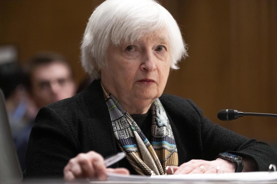 Treasury Secretary Janet Yellen testifies before the Senate Finance Committee about President Joe Biden's proposed budget request for the fiscal year 2024, Thursday, March 16, 2023, on Capitol Hill in Washington. (AP Photo/Jacquelyn Martin)