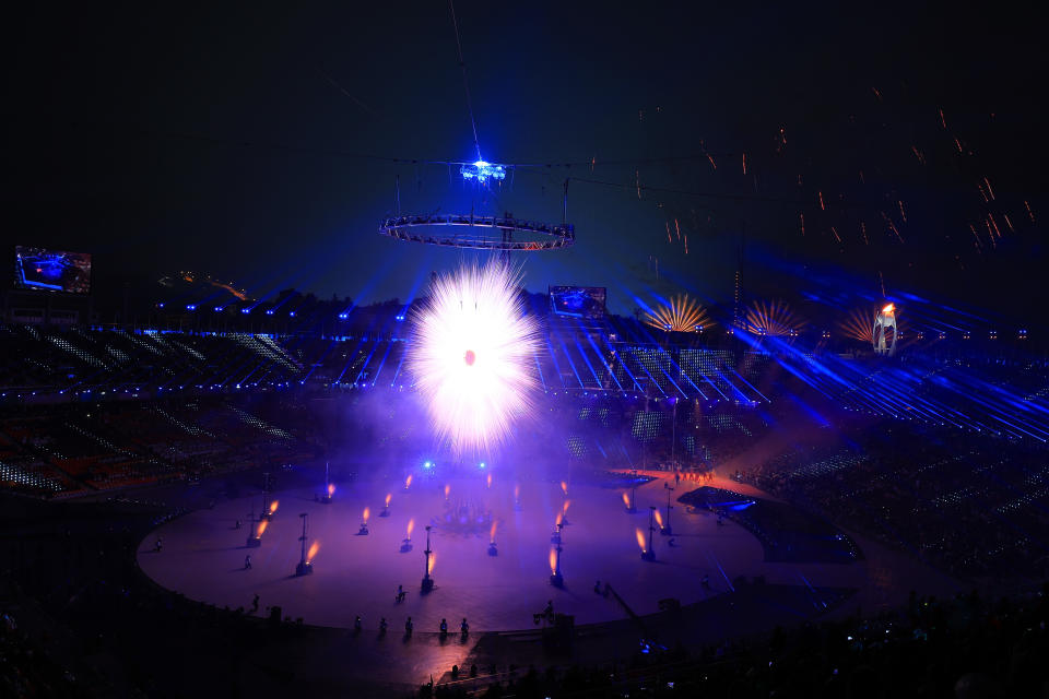 <p>A general view of the Opening Ceremony of the PyeongChang 2018 Winter Olympic Games at PyeongChang Olympic Stadium on February 9, 2018 in Pyeongchang-gun, South Korea. (Photo by Sean M. Haffey/Getty Images) </p>