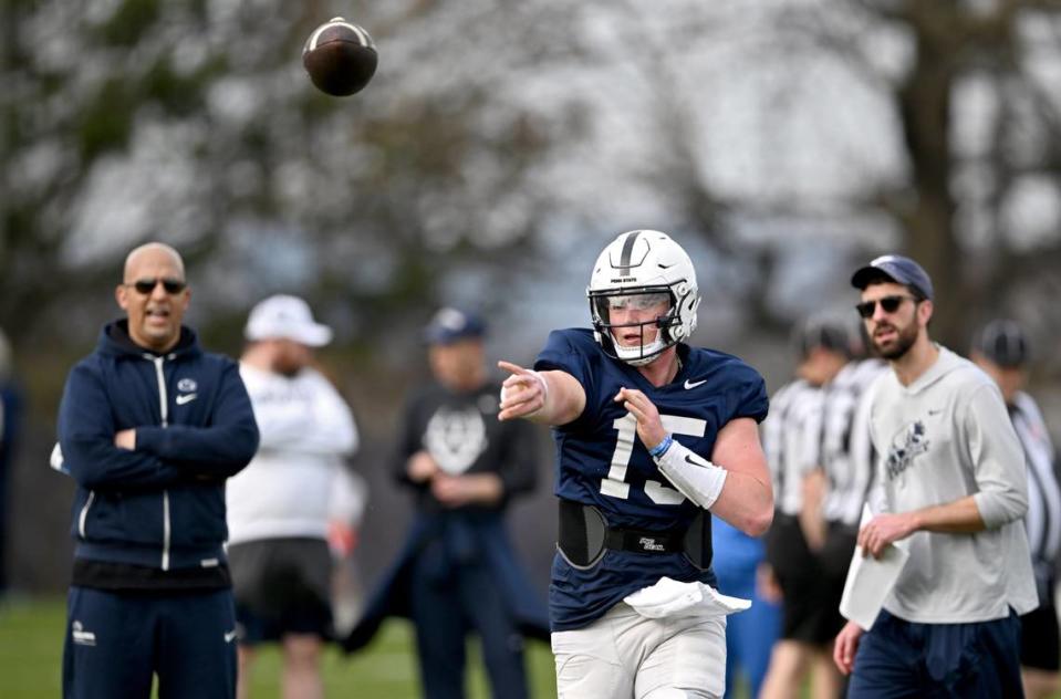 Penn State quarterback Drew Allar makes a pass during a spring practice on Tuesday, April 9, 2024.