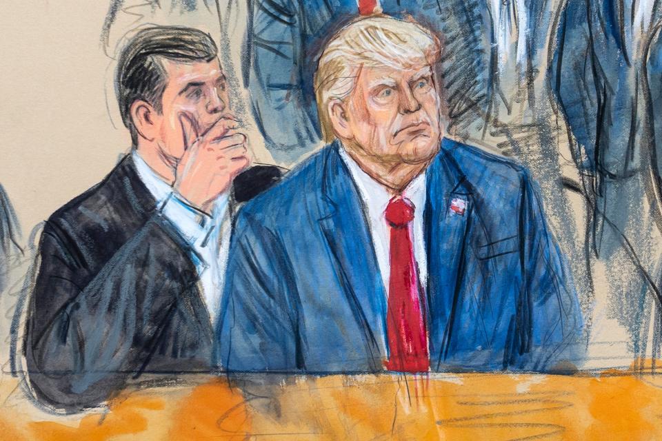 This artist sketch depicts former President Donald Trump, right, conferring with defense lawyer Todd Blanche, left, during his appearance at the Federal Courthouse in Washington, Thursday, Aug. 3, 2023. Trump pleaded not guilty in WashingtonÕs federal court to charges that he conspired to overturn the 2020 election.