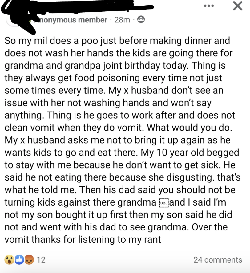 The image shows a text post from a social media platform discussing family issues related to food, health, and disagreements