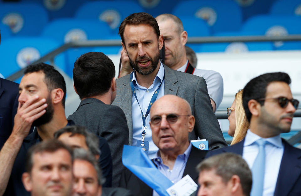 <p>Soccer Football – Premier League – Manchester City vs Huddersfield Town – Etihad Stadium, Manchester, Britain – May 6, 2018 England manager Gareth Southgate in the stands before the match REUTERS/Phil Noble EDITORIAL USE ONLY. No use with unauthorized audio, video, data, fixture lists, club/league logos or “live” services. Online in-match use limited to 75 images, no video emulation. No use in betting, games or single club/league/player publications. Please contact your account representative for further details. </p>