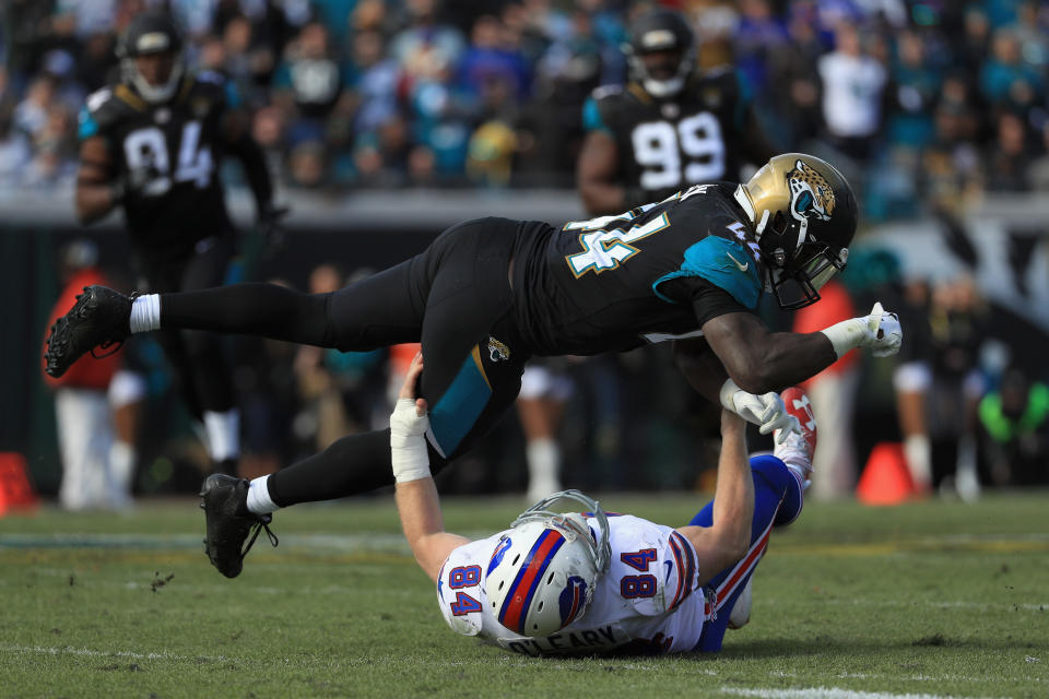 <p>Outside linebacker Myles Jack #44 of the Jacksonville Jaguars breaks up a pass intended for tight end Nick O’Leary #84 of the Buffalo Bills in the third quarter during the AFC Wild Card Playoff game at EverBank Field on January 7, 2018 in Jacksonville, Florida. (Photo by Mike Ehrmann/Getty Images) </p>