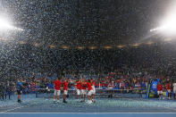 Serbia hold up the ATP CUP after defeating Spain during their ATP Cup tennis tournament in Sydney, Monday, Jan. 13, 2020. (AP Photo/Steve Christo)