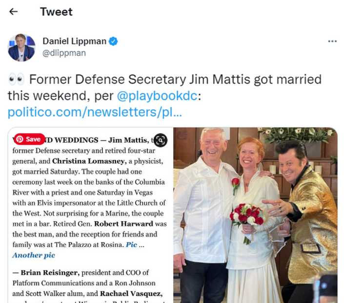 Politico Playbook PM reported that retired Gen. James Mattis married Richland physicist Christina Lomasney.