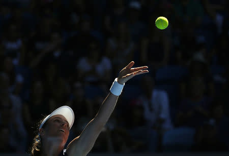 Tennis - Australian Open - Melbourne Park, Melbourne, Australia - 21/1/17 Denmark's Caroline Wozniacki serves during her Women's singles third round match against Britain's Johanna Konta. REUTERS/Issei Kato