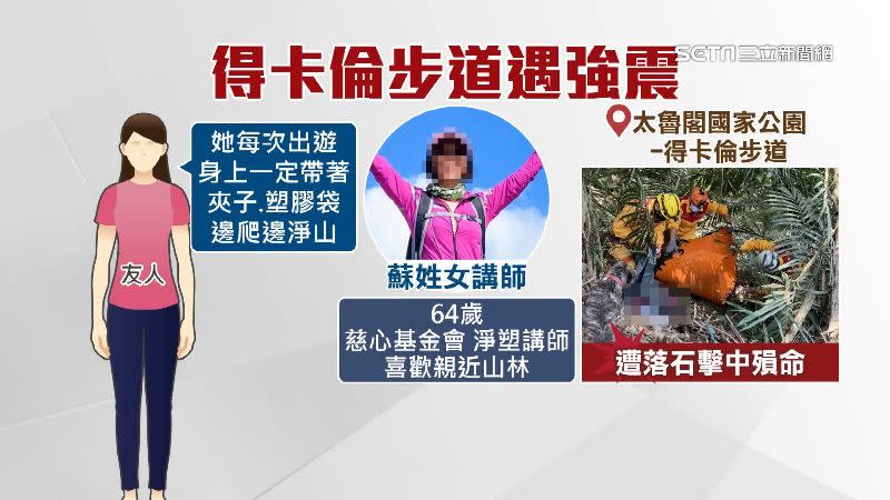 蘇姓講師在得卡倫步道遭落石砸中，當場死亡。