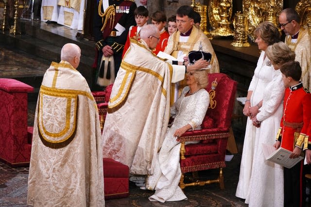 Camilla being crowned with Queen Mary’s Crown by the Archbishop of Canterbury in the abbey in May 2023