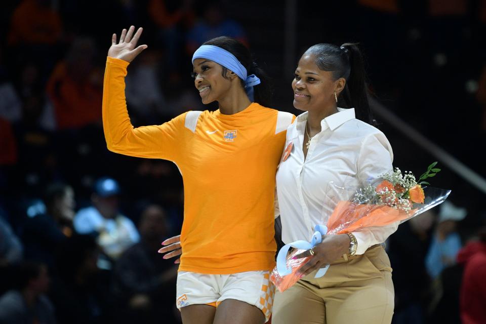 Tennessee's Rickea Jackson (2) is introduced during senior day ceremonies before the start of the NCAA college basketball game between the Tennessee Lady Vols and Auburn Tigers in Knoxville, Tenn. on Sunday, February 19, 2023. 