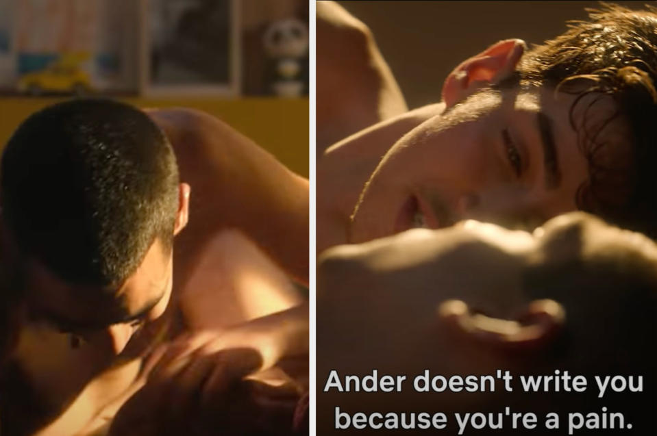 Patrick and Omar in bed and Patrick saying, "Ander doesn't write you because you're a pain"