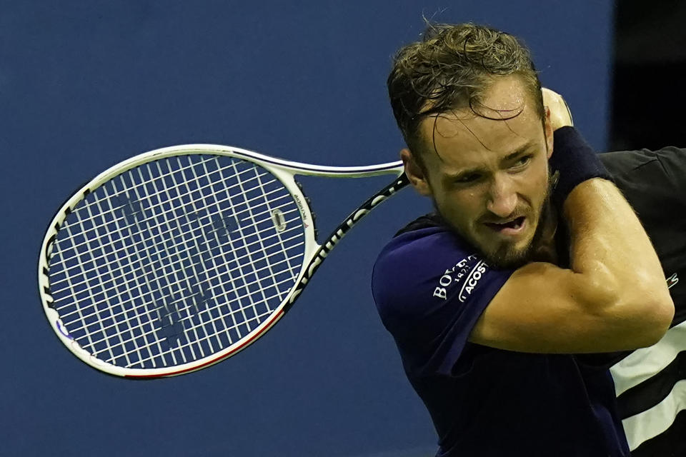 Daniil Medvedev, of Russia, watches a shot to Federico Delbonis, of Argentina, during the first round of the U.S. Open tennis championships, Tuesday, Sept. 1, 2020, in New York. (AP Photo/Frank Franklin II)