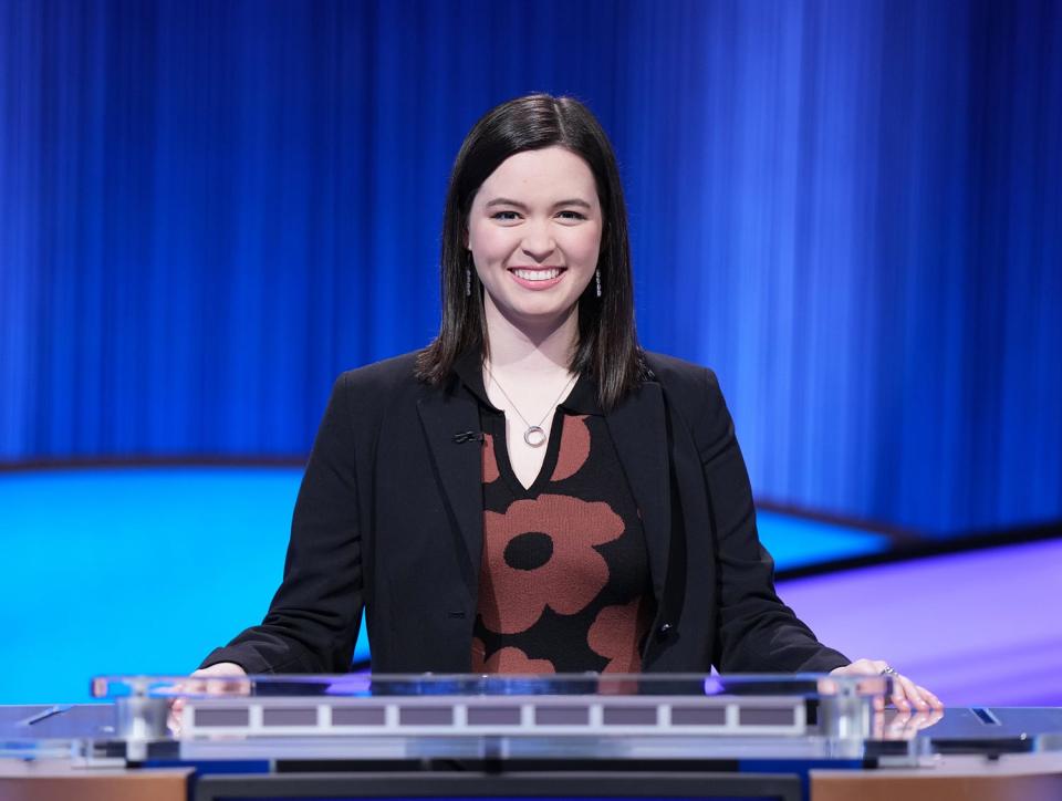 Claire Sattler on the set of "Jeopardy!" in January 2023. She competed in the show's High School Reunion Tournament in February and March.