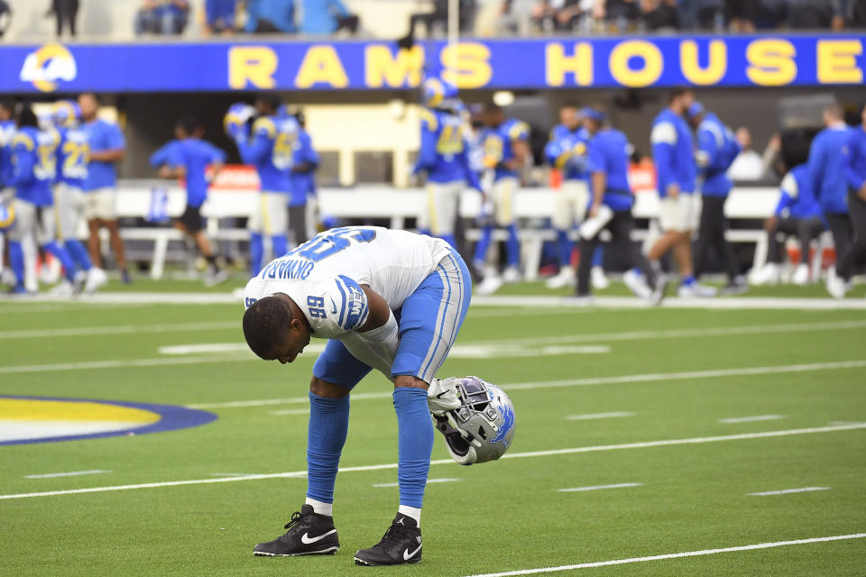 Detroit Lions linebacker Julian Okwara reacts after a field goal by the Los Angeles Rams during the second half of an NFL football game Sunday, Oct. 24, 2021, in Inglewood, Calif. (AP Photo/Kevork Djansezian)