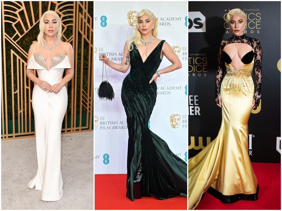 Lady Gaga at the Screen Actors Guild Award, the EE British Academy Film Awards, and the Critics Choice Awards in 2022.