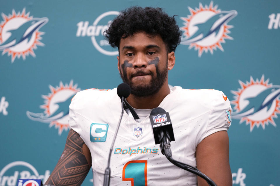 Miami Dolphins quarterback Tua Tagovailoa speaks after an NFL football game, Monday, Jan. 8, 2024, in Miami Gardens, Fla. The Bills defeated the Dolphins 21-14. (AP Photo/Wilfredo Lee)