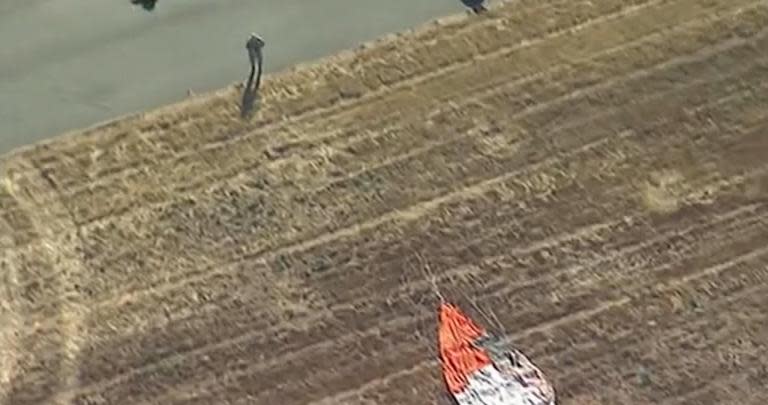 A pilot escaped with his life after crashing an F-16 fighter jet into a California warehouse on Thursday.He was on a training mission when the impact happened on landing approach at March Air Reserve Base 50 miles East of Los Angeles.The pilot ejected just off the end of the runway before the crash and authorities reported he had no major injuries after going to hospital.Footage shows a large hole the jet tore through the roof of the 500,000-sq-ft building and sprinklers started to go off in the warehouse.The jet's cockpit can be seen was on a runway and a parachute is lying in a nearby field.The F-16 may have had a hydraulic failure which led to the crash according to base officials.The base's fire department responded to the crash along with the Riverside police and Riverside County Sheriff's Department.