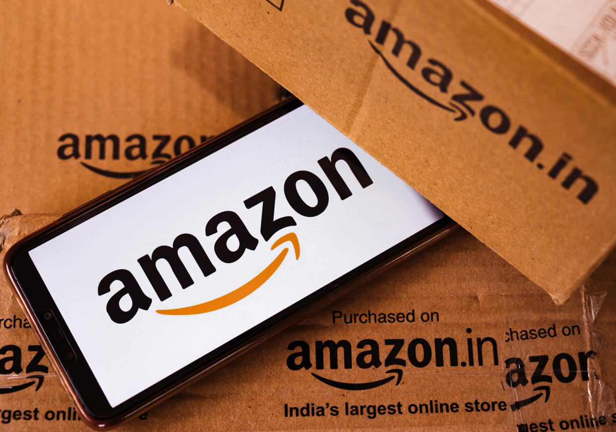 In this photo illustration an Amazon logo is seen displayed on a smartphone screen taken in Tehatta, West Bengal, India on 29 April 2021. Amazon.com Inc has paused its annual Prime Day sale in India due to COVID-19. The event, offered only to members by Amazon, is held in July to boost sales. (Photo Illustration by Soumyabrata Roy/NurPhoto via Getty Images)