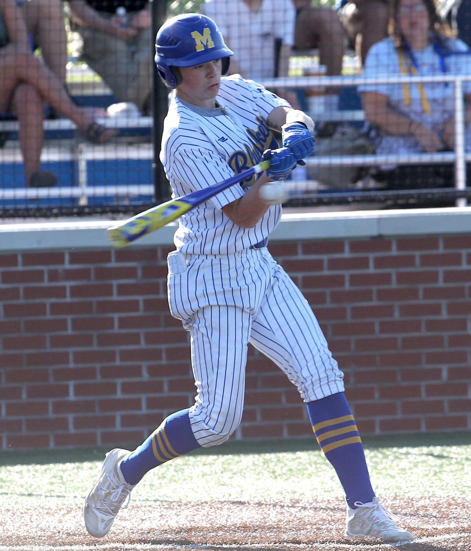 Mitchell's Gibson Glassco (4) connects for a double against White River Valley on Wednesday, April 17, 2024.