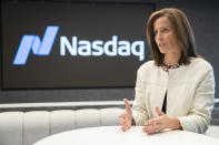 In this Wednesday, July 31, 2019, photo shows NASDAQ President and Chief Executive Officer Adena Friedman speaks an interview at NASDAQ headquarters in New York. The U.S. stock market has thousands fewer companies to choose from, and that’s doing a disservice to regular investors, says Friedman. In a recent conversation with the AP, she discussed what’s behind the trend and how it could be exacerbating income inequality. (AP Photo/Mary Altaffer)