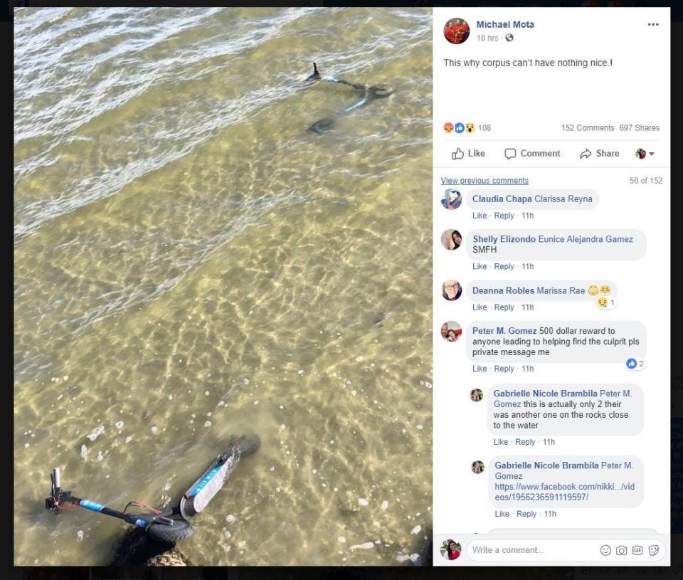 A screenshot shows a photo of two Blue Duck scooters, new to Corpus Christi, in water in November 2018.