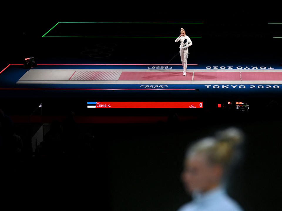 <p>Estonia's Katrina Lehis reacts during the women's fencing team épée semi-final bout.</p>