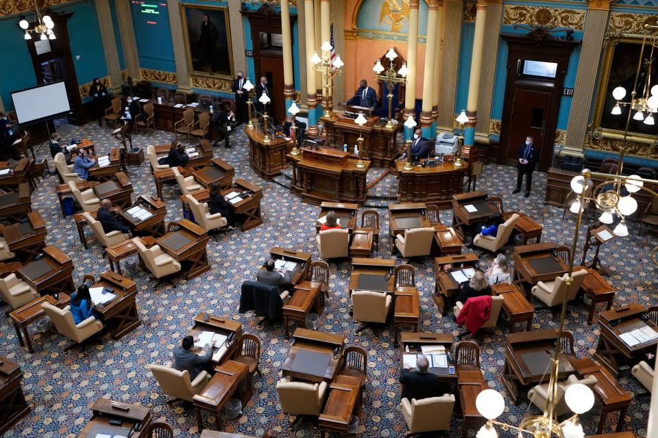 Michigan Lt. Gov. Garlin Gilchrist opens the state's Electoral College session at the state Capitol, Monday, Dec. 14, 2020 in Lansing, Mich.