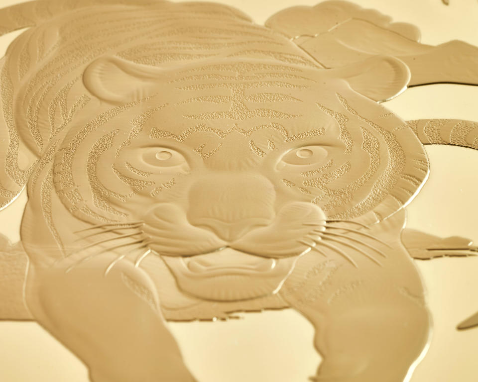 A close up of the Tiger coin