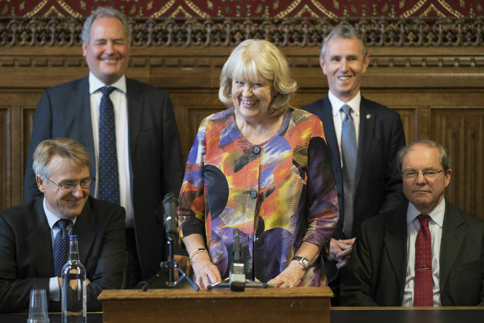 From left, Charles Walker, Bob Blackman, Dame Cheryl Gillan, Nigel Evans and Geoffrey Clifton-Brown announce the result of the fourth ballot in the Tory leadership ballot at the Houses of Parliament in Westminster, London, Thursday June 20, 2019. Boris Johnson, a former foreign minister and ex-mayor of London, took 157 of the votes, Environment Secretary Michael Gove and Foreign Secretary Jeremy Hunt came next, with 61 and 59 votes respectively, Home Secretary Sajid Javid came fourth with 34 votes and drops out. (Stefan Rousseau/PA via AP)