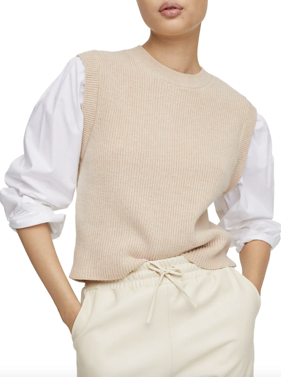 Mango Knitted Shirt Sweater in light beige with white sleeves