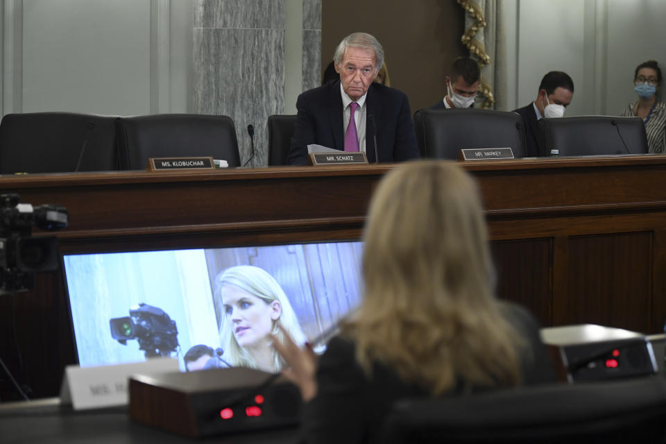 Sen. Ed Markey, D-Mass., questions former Facebook data scientist Frances Haugen speaks during a hearing of the Senate Commerce, Science, and Transportation Subcommittee on Consumer Protection, Product Safety, and Data Security, on Capitol Hill, Tuesday, Oct. 5, 2021, in Washington. (Matt McClain/The Washington Post via AP, Pool)