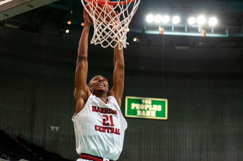 Harrison Central forward Sam Murray makes a dunk during Hoopsfest at the Mississippi Coast Coliseum in Biloxi on Saturday, Jan. 29, 2022.