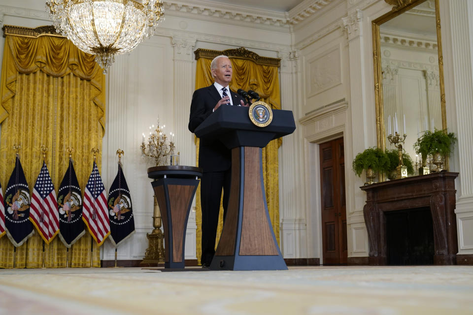 President Joe Biden speaks from the East Room of the White House in Washington, Wednesday, Aug 18, 2021, on the COVID-19 response and vaccination program. U.S. health officials Wednesday announced plans to offer COVID-19 booster shots to all Americans to shore up their protection amid the surging delta variant and signs that the vaccines' effectiveness is falling. (AP Photo/Susan Walsh)