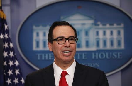 U.S. Secretary of the Treasury Steven Mnuchin discusses the Trump administration's tax reform proposal in the White House briefing room in Washington, U.S, April 26, 2017. REUTERS/Carlos Barria