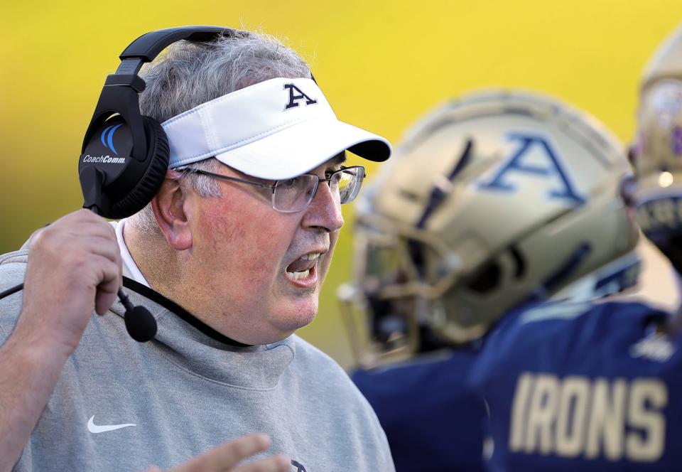 Akron Zips head coach Joe Moorhead speaks to his players during the first half of an NCAA football game against the St. Francis (Pa) Red Flash, Thursday, Sept. 1, 2022, in Akron, Ohio.
