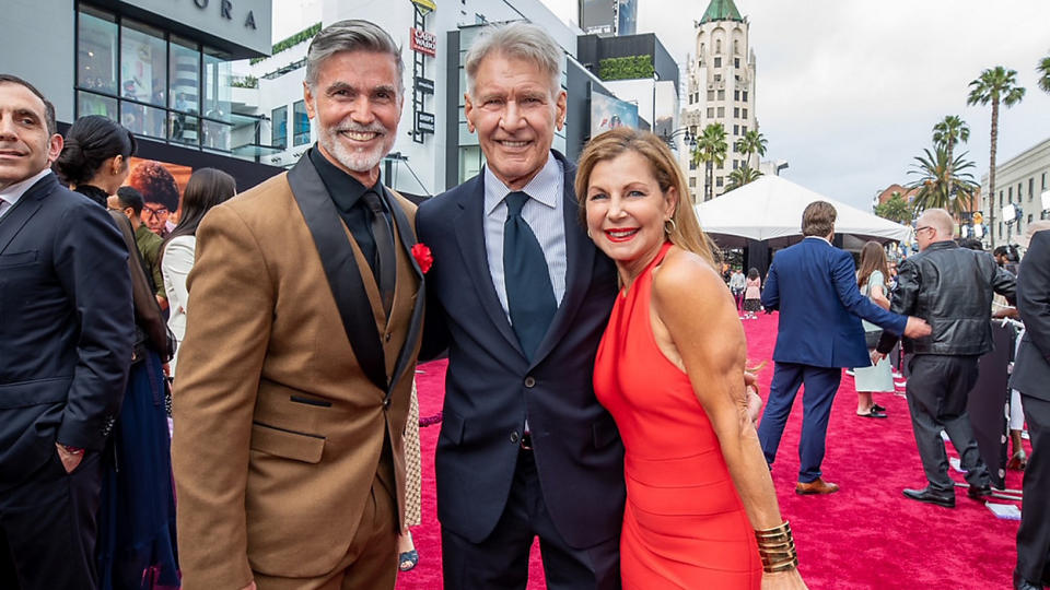 Kevin Brassard, left, met Harrison Ford, center, along with his fellow Disney World stunt performer, Michele Waitman, at the Hollywood premiere of "Indiana Jones and the Dial of Destiny." Brassard will help judge the Aug. 19 Talent Search, at the Bama Theatre.