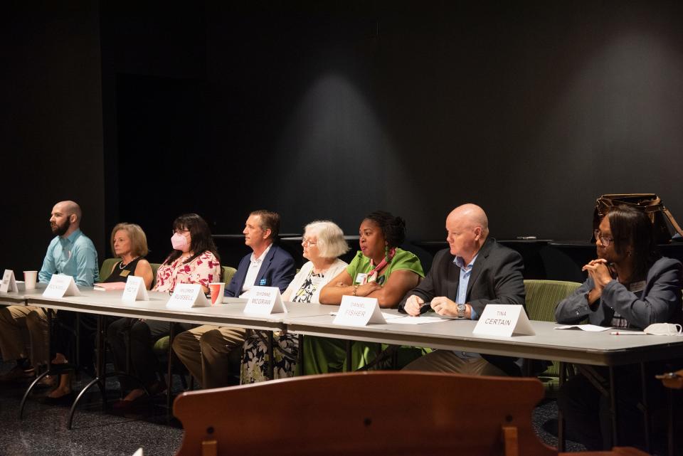 School board candidates sit ahead of their discussion during the League of Women Voters candidate forum at Oak Hammock in Gainesville on Tuesday, July 12, 2022.