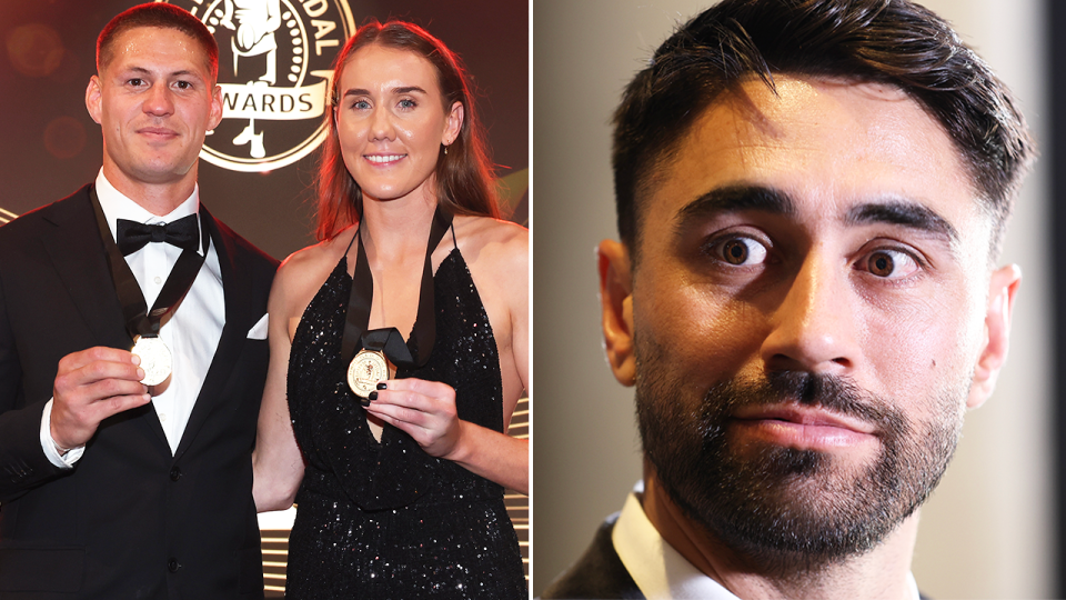 Kalyn Ponga poses with the Dally M medal and Shaun Johnson reacts.