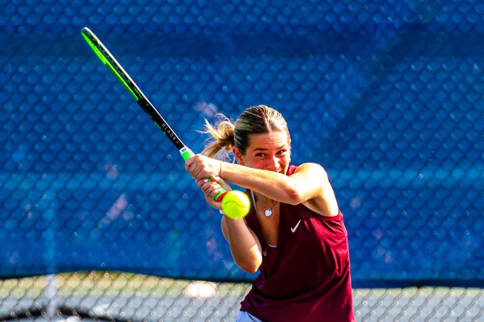 Bishop Stang's Lexy Wynn follows through on her shot.