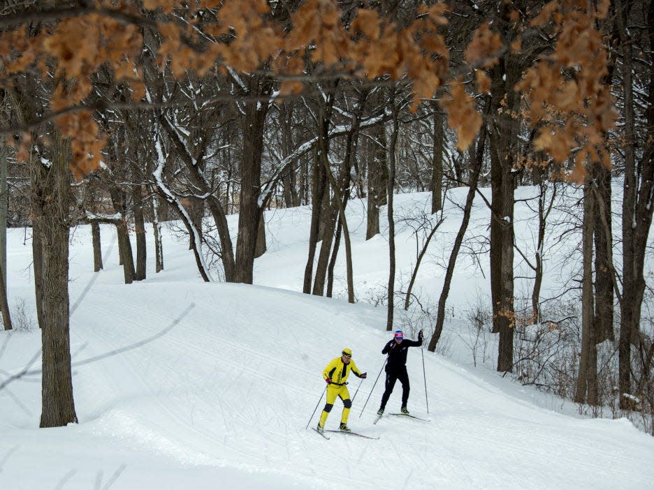 Cross-country skiers in Minneapolis, Minnesota.